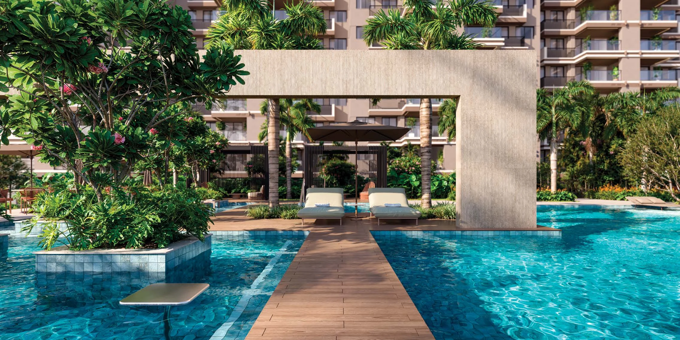 Perspectiva do pool lounge do ON Resort, com piscinas, vegetação tropical e espreguiçadeiras